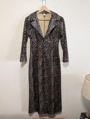 Vintage 5 7 9 Leopard Print Velour Button Front Maxi Coat Dress XS